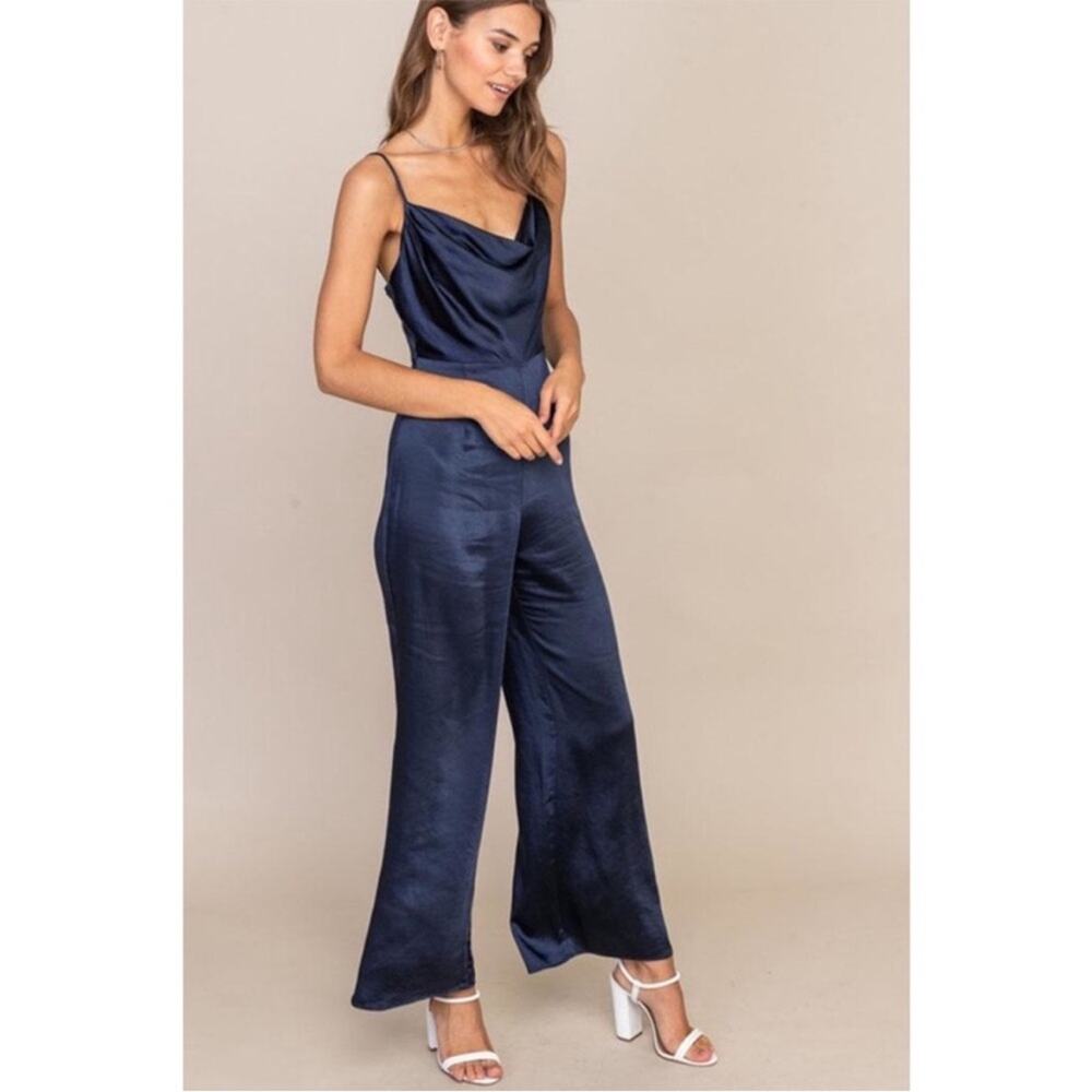 Lush Navy Blue Satin Jumpsuit with Cowl Neckline, Versatile Piece, Size Small